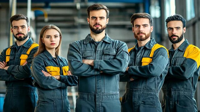 Confident Mechanics Team: A group of skilled mechanics, men and women, stand confidently in their grey and yellow work uniforms, arms crossed.