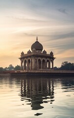 Obraz premium Sunrise over tranquil water reflecting ancient temple.