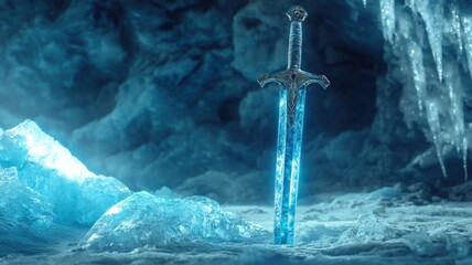 Naklejka premium Epic frozen sword emerges from ice cave fantasy realm digital art mystical atmosphere dramatic angle
