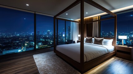 Modern bedroom with four poster bed overlooking city night lights