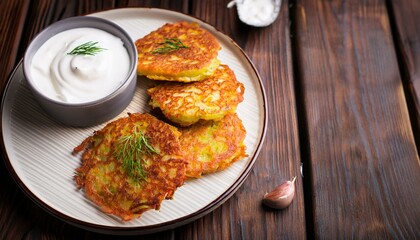 Generated image Potatoes pancakes latkes, flapjacks, hash brown or potato vada with white greek yoghurt