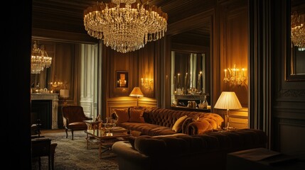 Luxurious Living Room with Elegant Furniture and Chandeliers