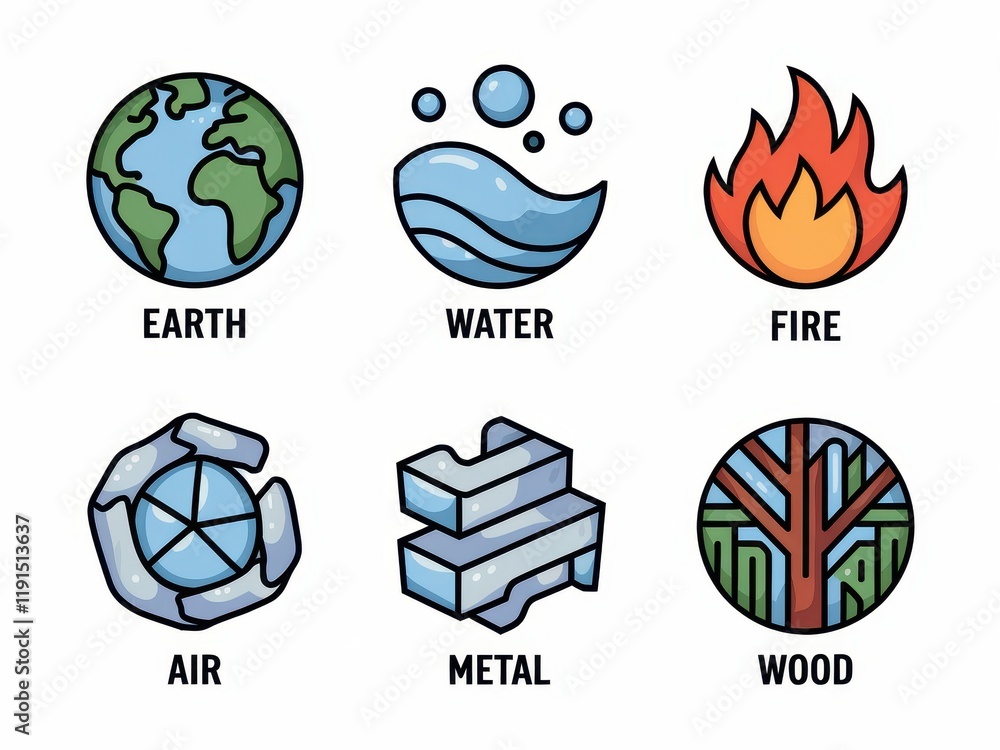 Poster stylized icons representing the five classical elements