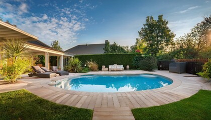 Generated image Luxurious backyard with a sparkling pool and comfortable patio furniture