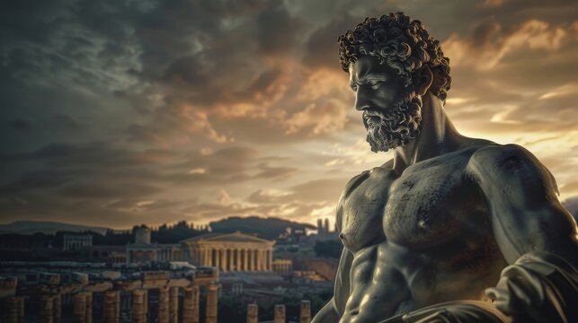 Marcus aurelius in commanding pose with sculpted torso under moody sky and greek relics background