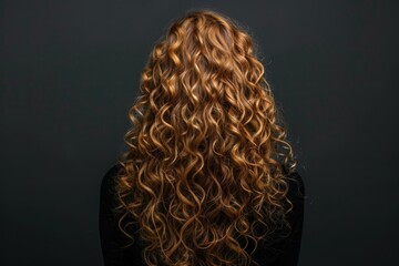 Fototapeta premium Long brown curly hair of a young woman, seen from behind, studio shot