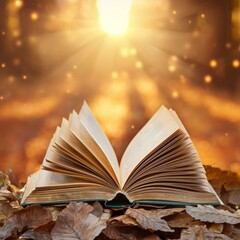 Generated image Magic, fantasy and spiritual with book and light on table for fairytale, imagination