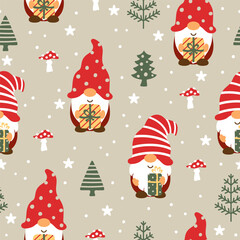 Seamless pattern with Christmas or Valentine's Day gnomes and winter landscape. Vector illustration.
