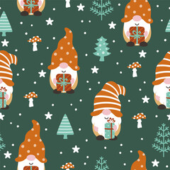 Seamless pattern with Christmas or Valentine's Day gnomes and winter landscape. Vector illustration.