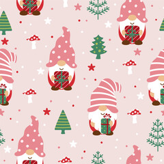 Seamless pattern with Christmas or Valentine's Day gnomes and winter landscape. Vector illustration.