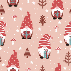 Seamless pattern with Christmas or Valentine's Day gnomes and winter landscape. Vector illustration.