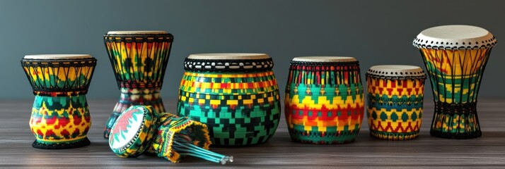 Fototapeta premium Vibrant African Drums on Wooden Surface with Traditional Patterns and Designs