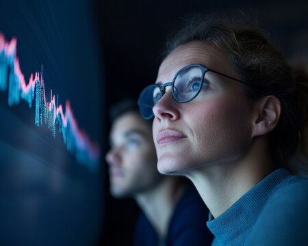 Focused Professionals Analyzing NFT Art and Market Data on Screen in Modern Office