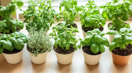 Fototapeta premium Windowsill herb garden, various basil and thyme plants, sunlight, kitchen background, cooking recipe illustration