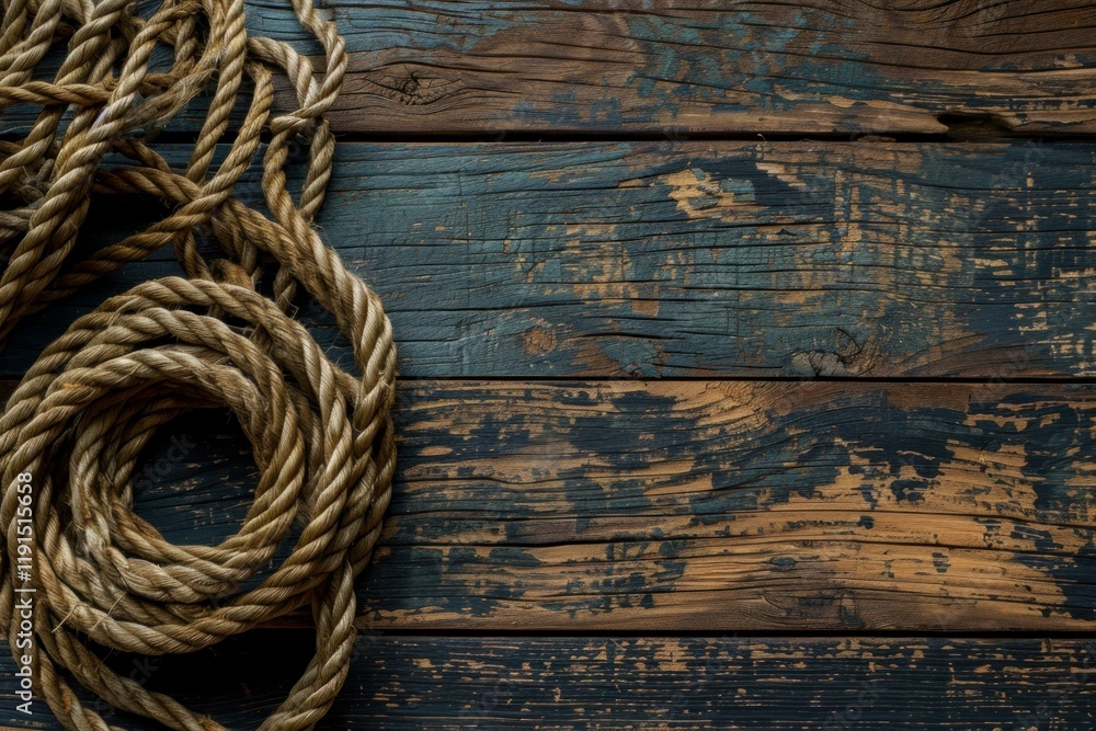 Poster close up of a coiled rope resting on a weathered wooden surface, creating a nautical or rustic theme