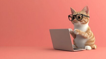 Tech-Savvy Feline: 3D Character of a Cat Wearing Glasses Working on a Laptop