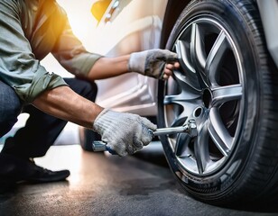 Fototapeta premium Generated image Men tighten car wheel nuts for safety check with Torque Wrench. Car Repair