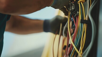 Fototapeta premium A close-up of an electrician installing wiring in a newly constructed office building, Electrical installation scene, Building infrastructure style