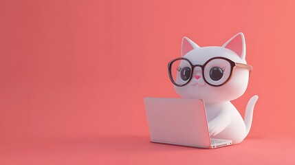 Tech-Savvy Feline: 3D Character of a Cat Wearing Glasses Working on a Laptop