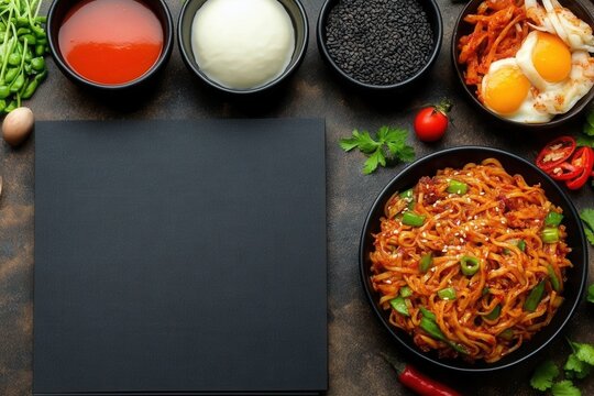 Mock up menu featuring Asian dishes with vibrant ingredients in a Korean style setup ideal for restaurant promotion