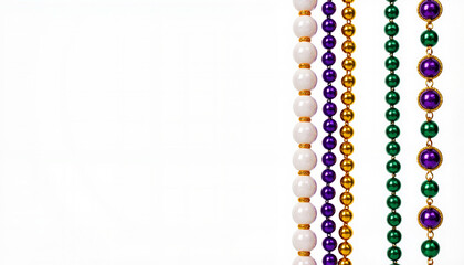 Mardi Gras beads in vibrant colors on white background, copy space

