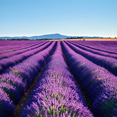 Rows of vibrant purple lavender stretch to the horizon under a clear sky. A picturesque, tranquil...