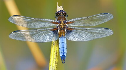 Blue Dragonfly Perched on a Yellow Stem