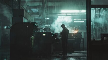 Silhouetted worker sparks fly in rainy factory