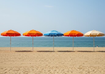 Fototapeta premium A line of five beach umbrellas in bright colors on a sunlit sandy beach, with a blue patterned umbrella in the center.
