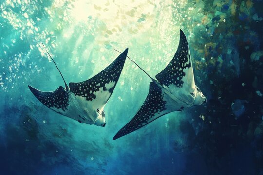 Eagle rays swimming in synchronicity captured in vivid detail