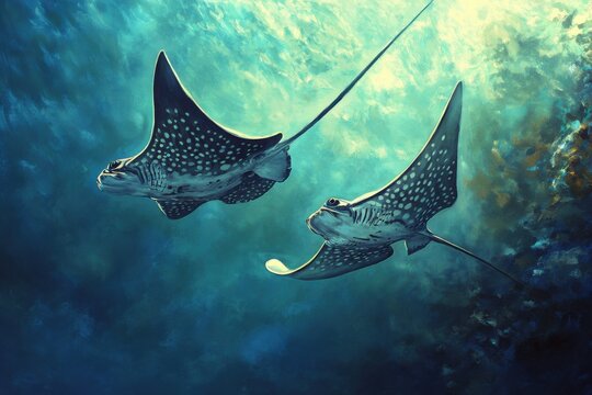 Eagle rays swimming in synchronicity captured in vivid detail