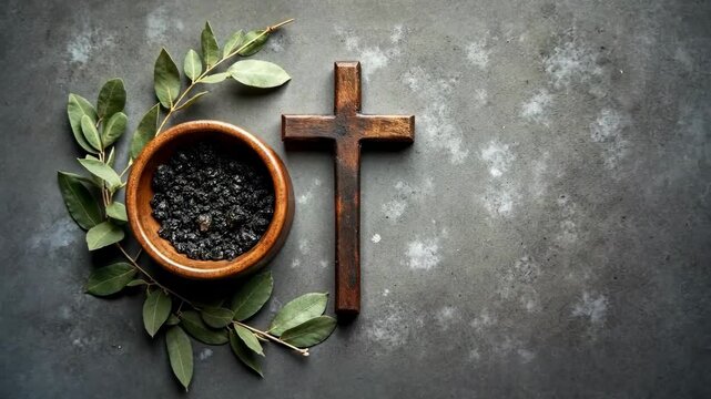 Ceremonial Ash Bowl With Brown Wooden Cross for Ash Wednesday and Lent Observance - Powered by Adobe
