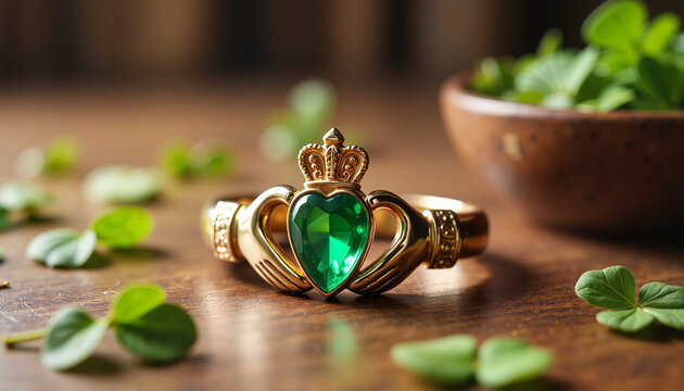 St. Patrick&rsquo;s Day Claddagh ring with green heart-shaped gemstone and shamrocks on wooden surface, copy space