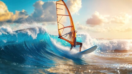 Skilled Windsurfer Navigating Ocean Waves During a Stunning Sunset Over the Horizon.