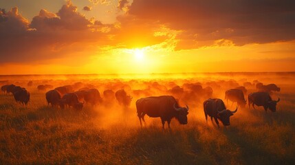 Naklejka premium Sunset silhouettes of African buffalo herd grazing in dusty savanna.