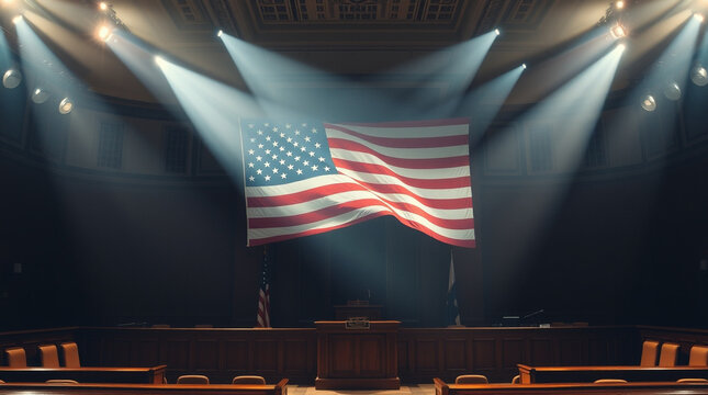 A large American flag hangs in a grand hall, illuminated by spotlights. Rows of empty seats suggest a formal setting, perhaps a courtroom or assembly chamber.