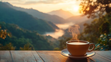 Warm coffee in a blue mug surrounded by sunflowers in a scenic mountain landscape
