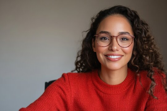 Professional Latina Woman Smiling in a Bright Office Setting