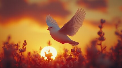 White dove in flight at sunset over blooming field.