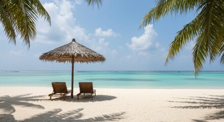 A tranquil beach scene with a beach chair, sun umbrella, and smooth white sands leading to a turquoise sea.

