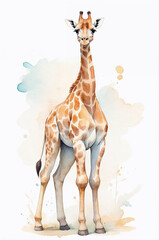 Realistic watercolor giraffe standing tall with colorful splashes in a light background