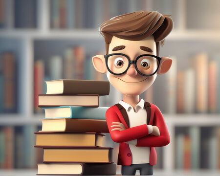 Cartoon Illustration of a Book-Loving Student with Glasses in a Library Setting, Perfect for Educational and Learning Themes