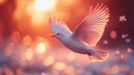 Obraz premium White dove in flight at sunset, illuminated by warm light and bokeh.