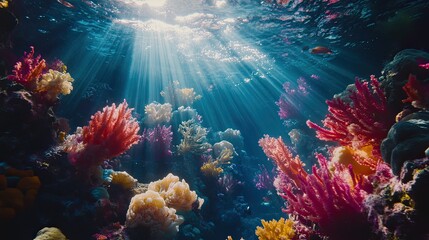 Naklejka premium Vibrant coral reef illuminated by sunlit ocean water