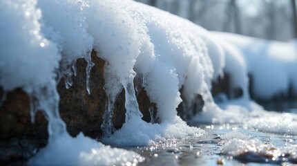 Melting snow on rocks with visible water droplets forming, shot in bright sunlight, showcasing the transition from snow to water.