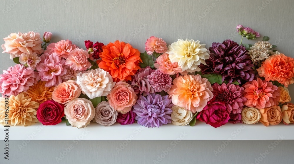 Poster colorful display of artificial flowers arranged on a table in a craft workshop