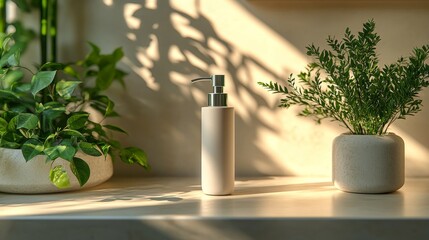 Elegant skincare bottle surrounded by lush green plants on a marble surface in natural light