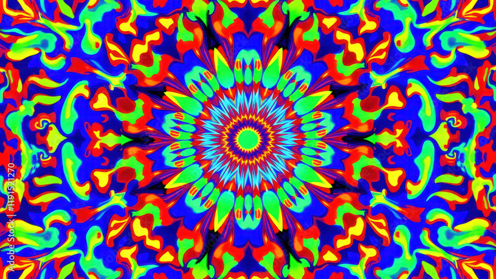 Poster vibrant abstract background with colorful patterns and central mandala design.
