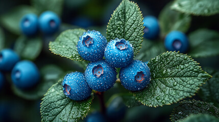 Fresh Blueberries with Dew on Green Leaves
