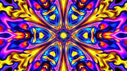 Vibrant abstract background with a symmetrical pattern and a central sunburst element.
